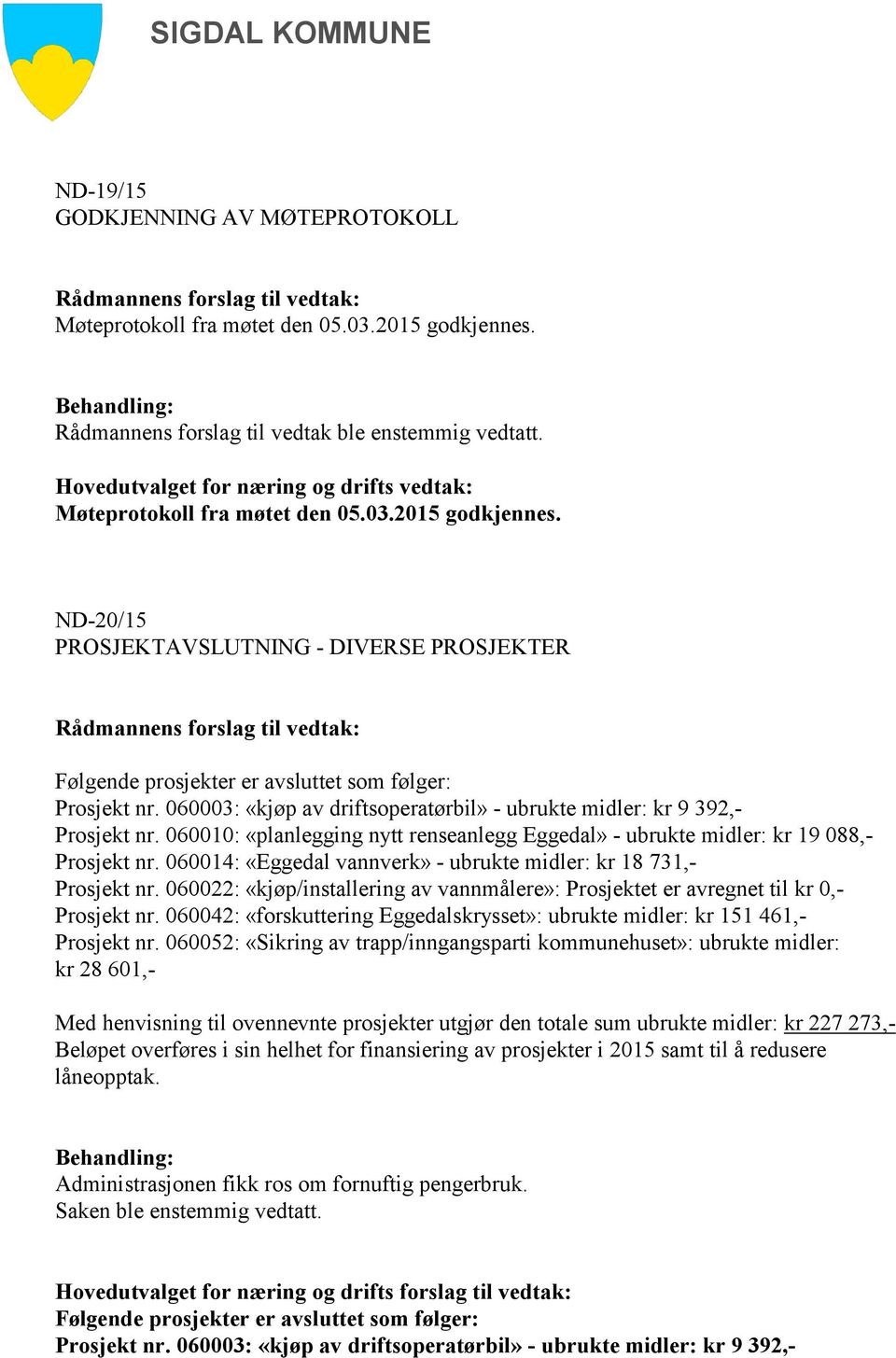 ND-20/15 PROSJEKTAVSLUTNING - DIVERSE PROSJEKTER Følgende prosjekter er avsluttet som følger: Prosjekt nr. 060003: «kjøp av driftsoperatørbil» - ubrukte midler: kr 9 392,- Prosjekt nr.