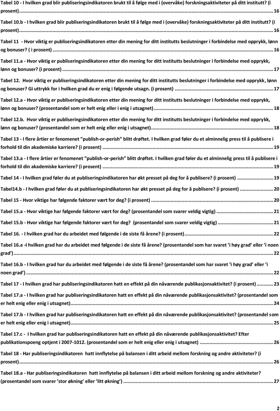 ..16 Tabel 11 - Hvor viktig er publiseringsindikatoren etter din mening for ditt institutts beslutninger i forbindelse med opprykk, lønn og bonuser? ( i prosent)...16 Tabel 11.a - Hvor viktig er publiseringsindikatoren etter din mening for ditt institutts beslutninger i forbindelse med opprykk, lønn og bonuser?