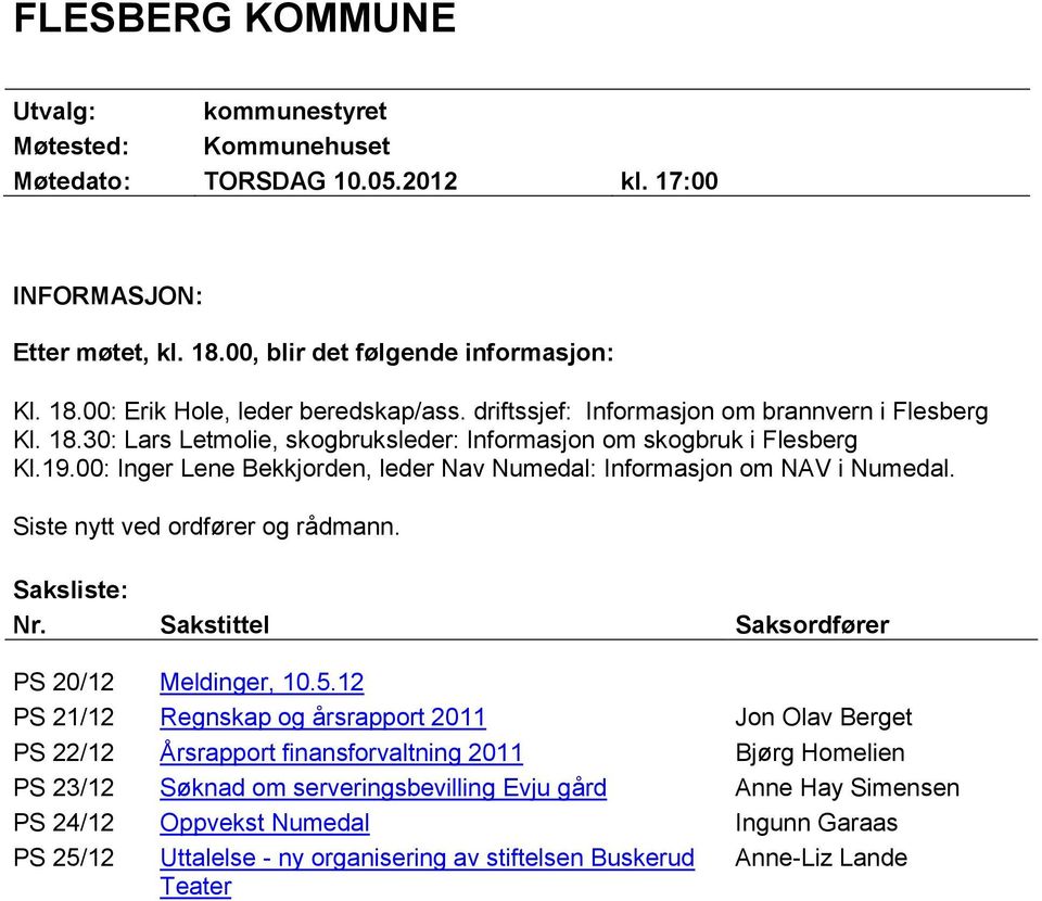 Siste nytt ved rdfører g rådmann. Saksliste: Nr. Sakstittel Saksrdfører PS 20/12 Meldinger, 10.5.
