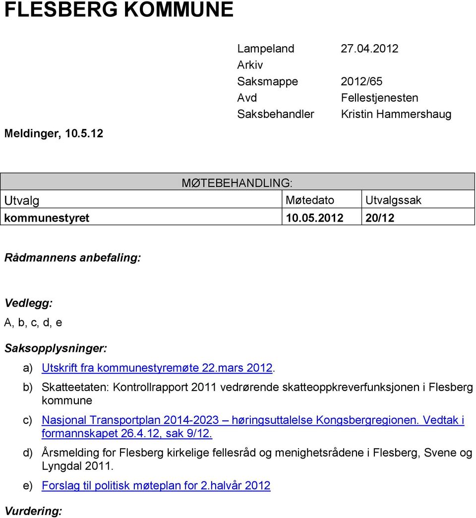 2012 20/12 Rådmannens anbefaling: Vedlegg: A, b, c, d, e Sakspplysninger: a) Utskrift fra kmmunestyremøte 22.mars 2012.