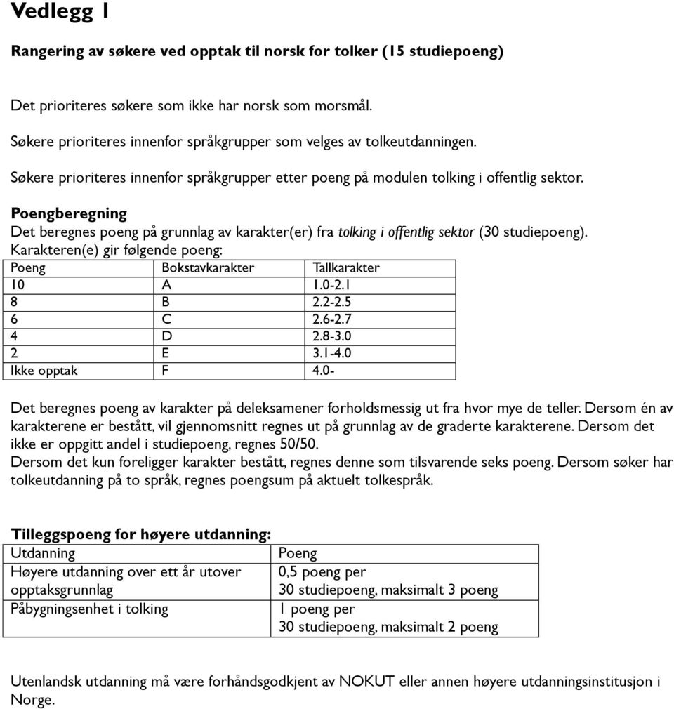 Poengberegning Det beregnes poeng på grunnlag av karakter(er) fra tolking i offentlig sektor (30 studiepoeng). Karakteren(e) gir følgende poeng: Poeng Bokstavkarakter Tallkarakter 10 A 1.0-2.1 8 B 2.