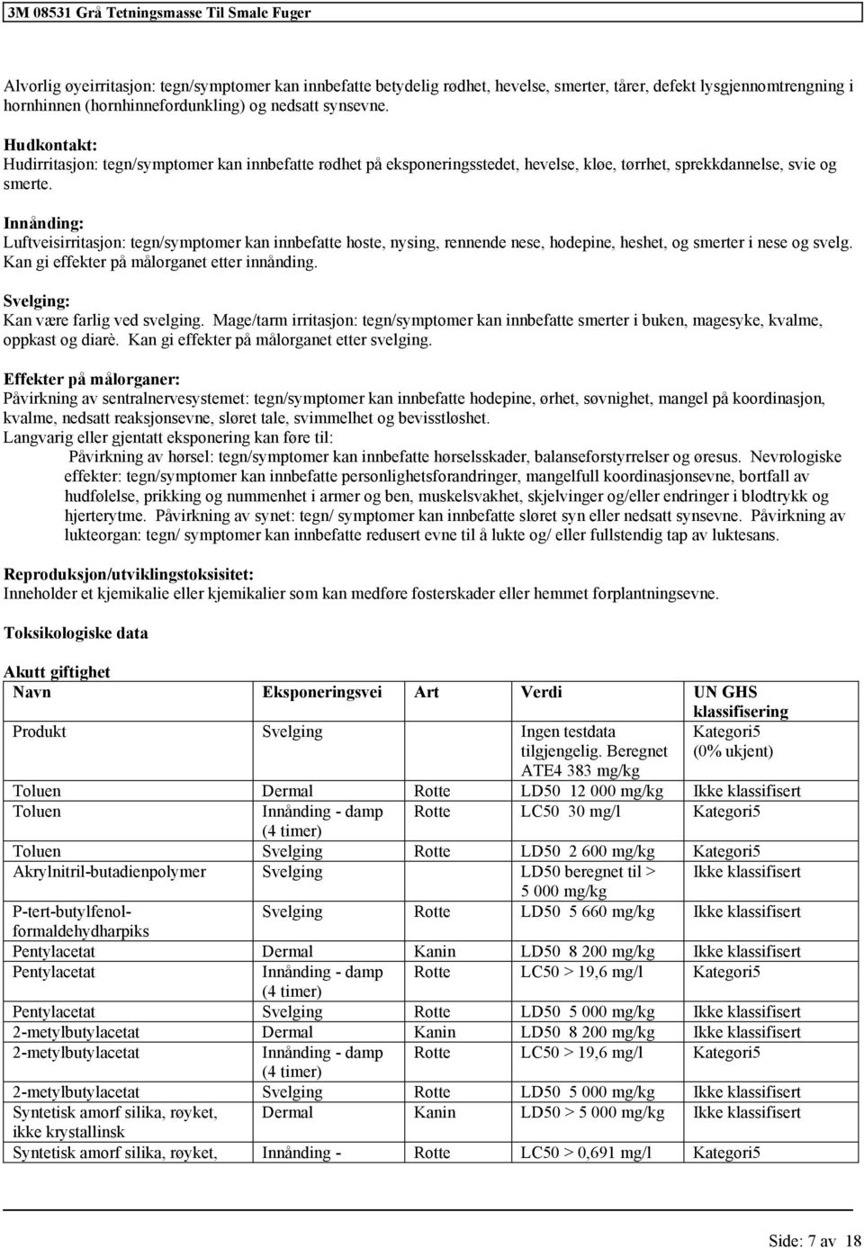 Innånding: Luftveisirritasjon: tegn/symptomer kan innbefatte hoste, nysing, rennende nese, hodepine, heshet, og smerter i nese og svelg. Kan gi effekter på målorganet etter innånding.