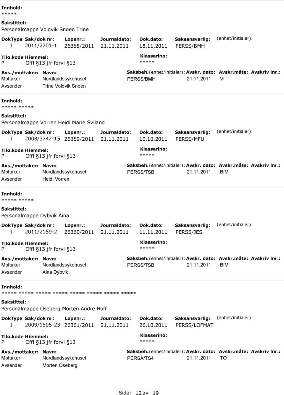 måte: Avskriv lnr.: ERSS/TSB BM Heidi Vorren nnhold: ersonalmappe Dybvik Aina 2011/2159-2 26360/2011 11.11.2011 ERSS/JES Avs./mottaker: Navn: Saksbeh. Avskr. dato: Avskr.