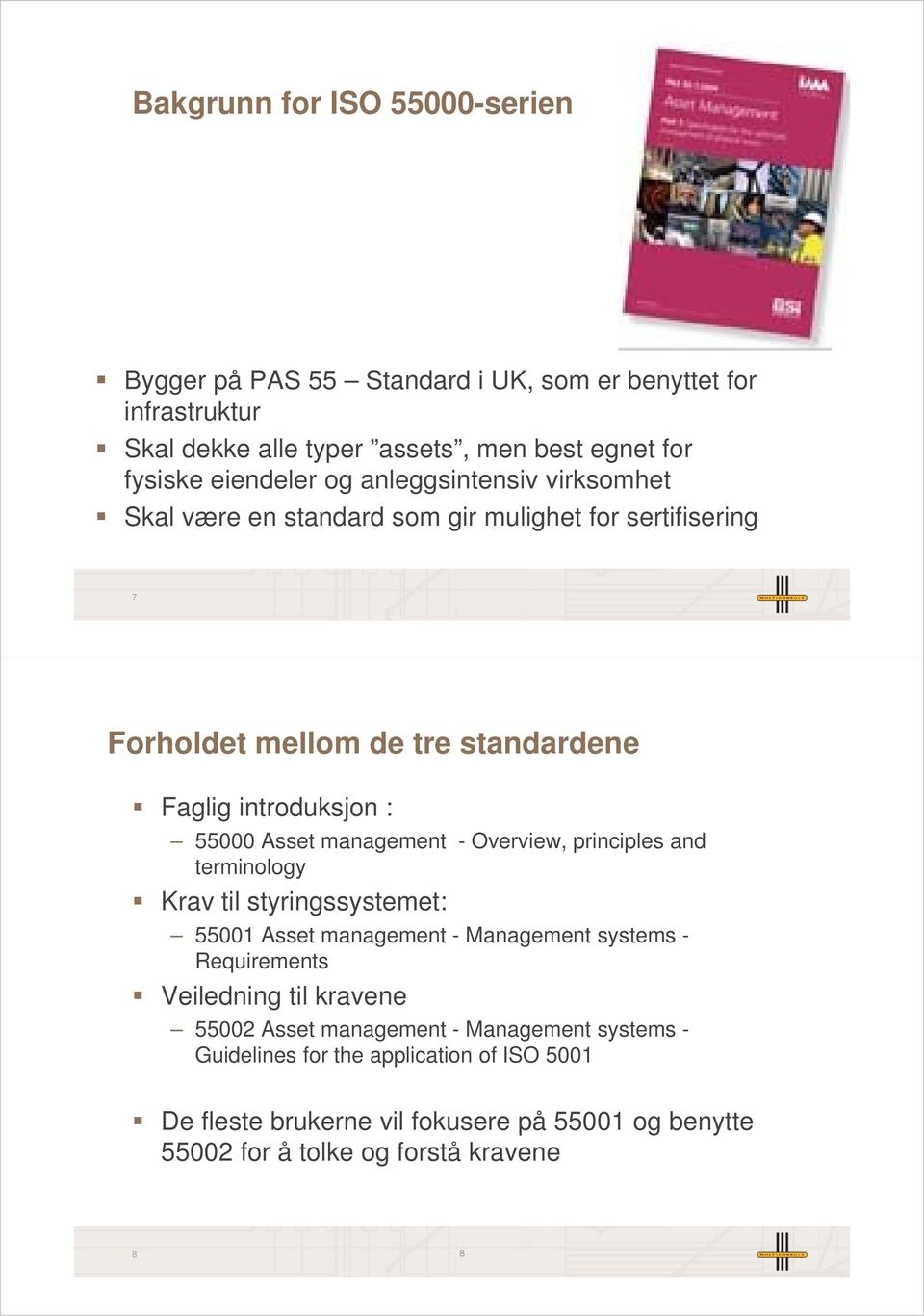 management - Overview, principles and terminology Krav til styringssystemet: 55001 Asset management - Management systems - Requirements Veiledning til kravene 55002