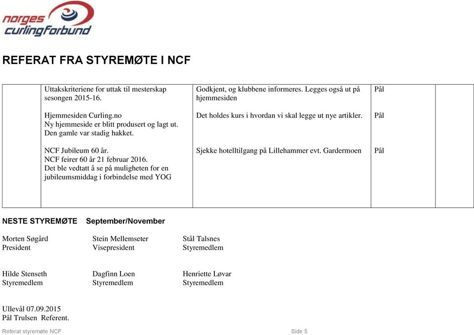 Legges også ut på hjemmesiden Det holdes kurs i hvordan vi skal legge ut nye artikler. Sjekke hotelltilgang på Lillehammer evt.