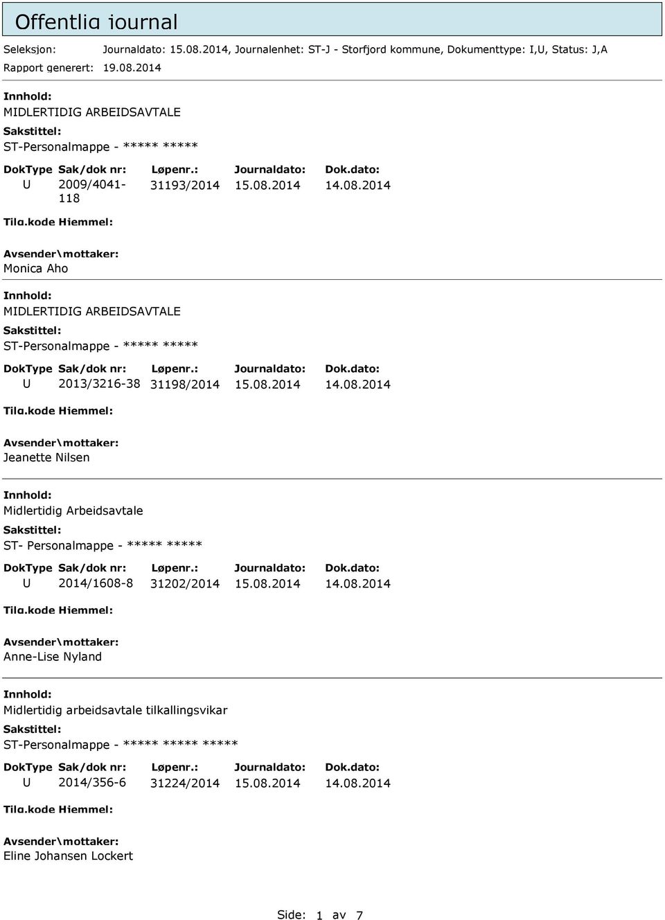 : 31193/2014 Monica Aho nnhold: MDLERTDG ARBEDSAVTALE 2013/3216-38 31198/2014 Jeanette Nilsen nnhold: Midlertidig