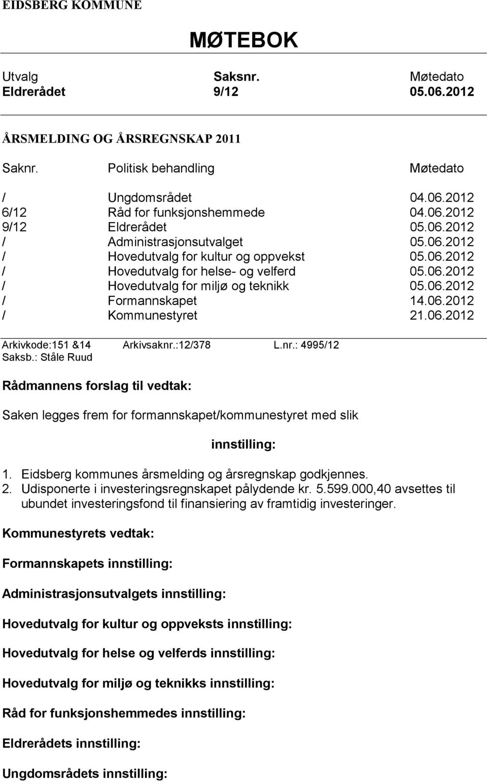 06.2012 / Formannskapet 14.06.2012 / Kommunestyret 21.06.2012 Arkivkode:151 &14 Arkivsaknr.:12/378 L.nr.: 4995/12 Saksb.