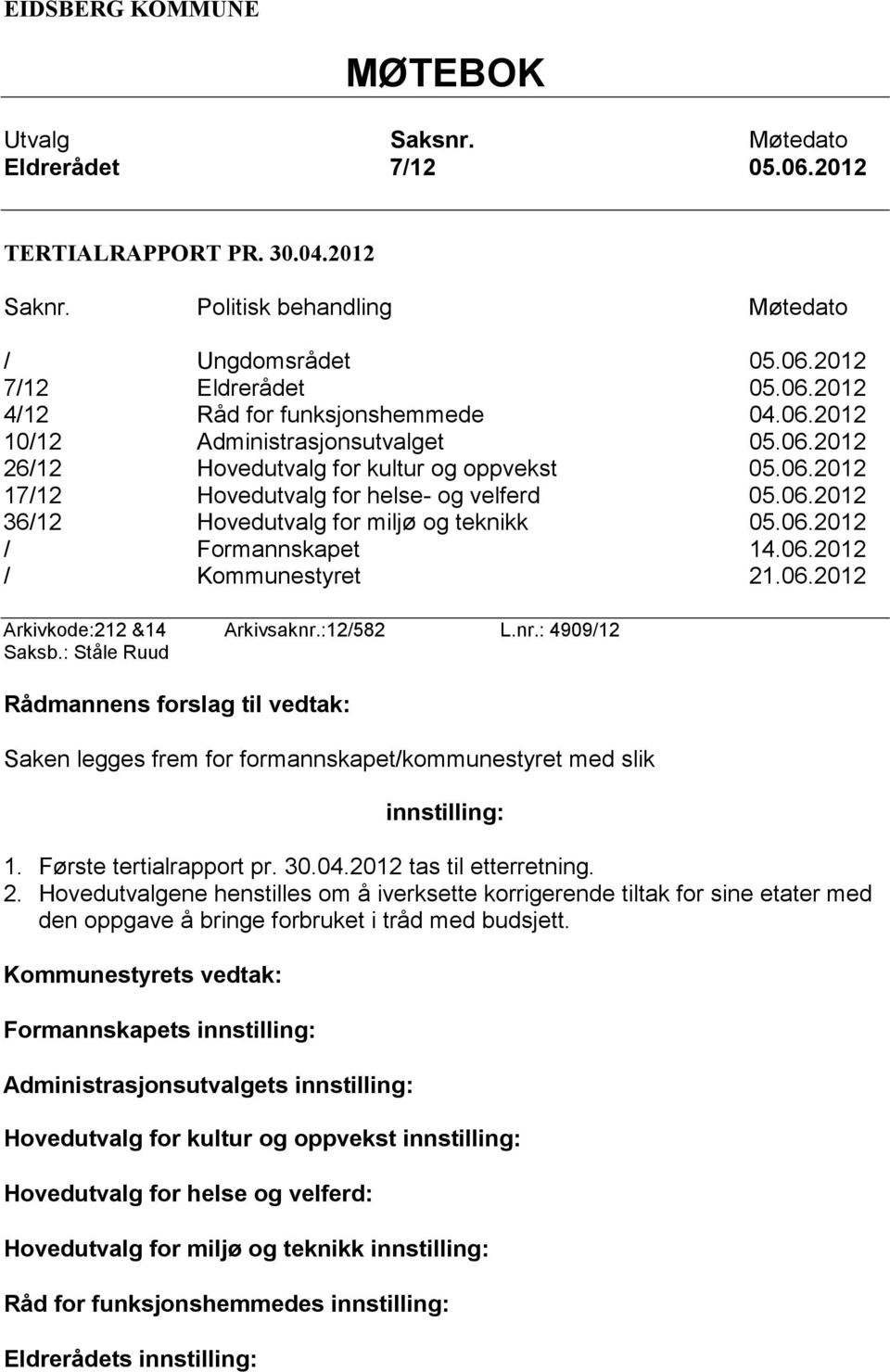 06.2012 / Kommunestyret 21.06.2012 Arkivkode:212 &14 Arkivsaknr.:12/582 L.nr.: 4909/12 Saksb.