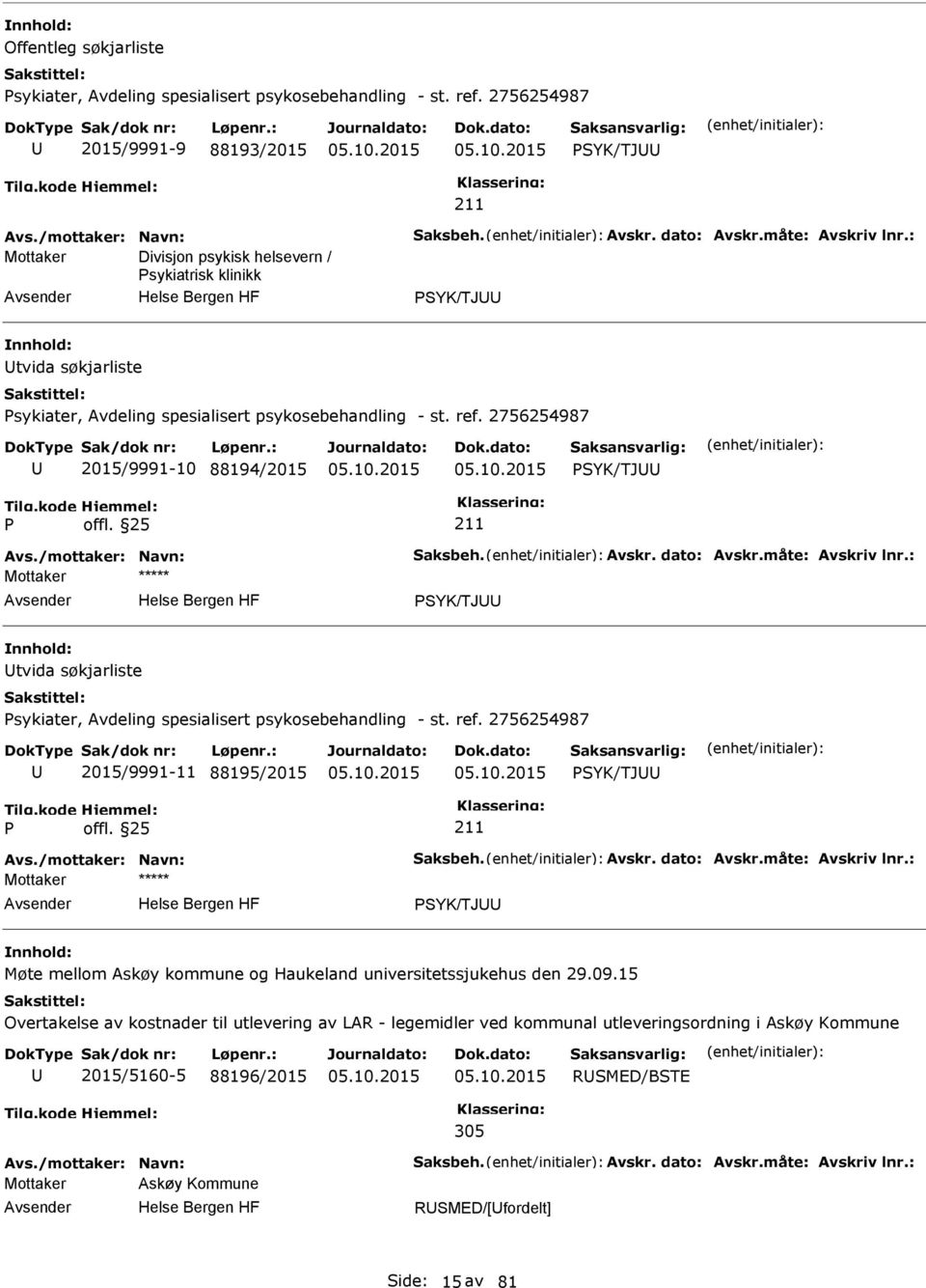 /mottaker: Navn: Saksbeh. Avskr. dato: Avskr.måte: Avskriv lnr.: SYK/TJ tvida søkjarliste sykiater, Avdeling spesialisert psykosebehandling - st. ref. 2756254987 2015/9991-11 88195/2015 SYK/TJ Avs.