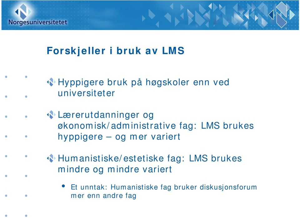 brukes hyppigere og mer variert Humanistiske/estetiske fag: LMS brukes