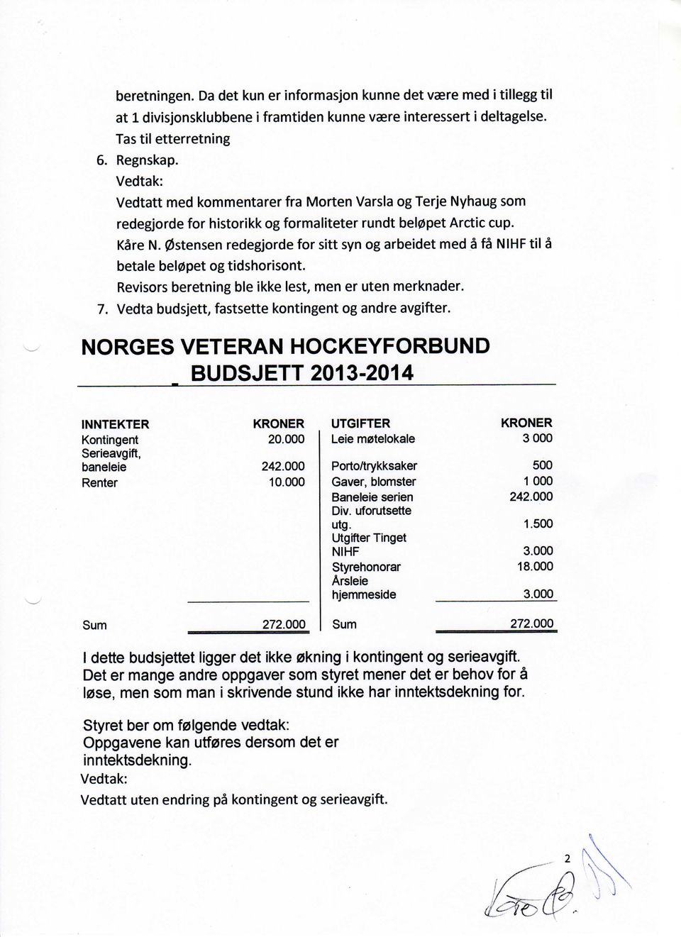 0stensen redegjorde for sitt syn og arbeidet med a fa NIHF til a betale belopet og tidshorisont. Revisors beretning ble ikke lest, men er uten merknader. 7.