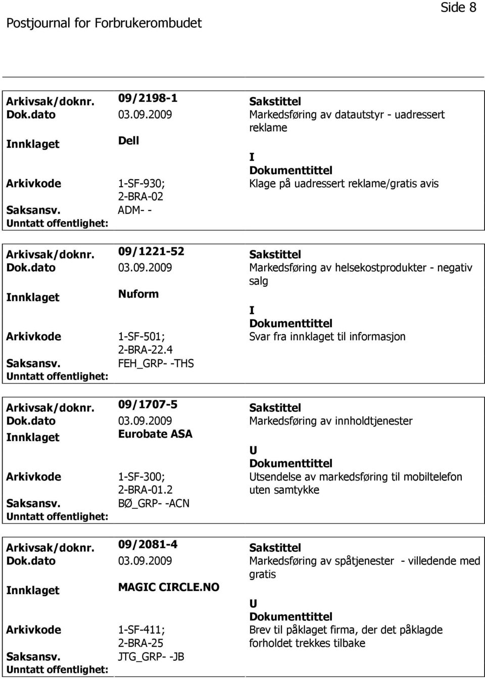 09/1707-5 Sakstittel Dok.dato 03.09.2009 Markedsføring av innholdtjenester nnklaget Eurobate ASA 1-SF-300; 2-BRA-01.