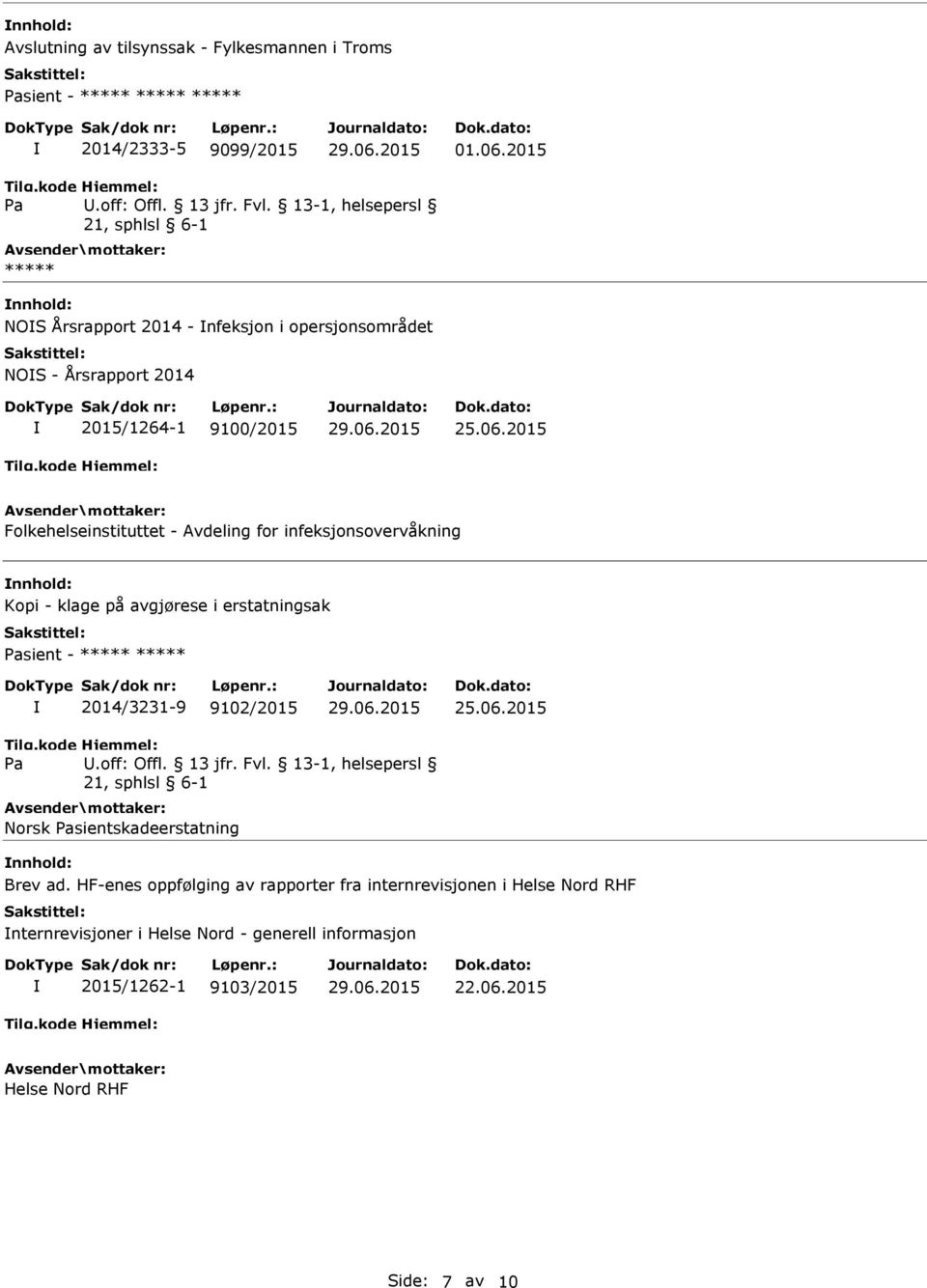 infeksjonsovervåkning nnhold: Kopi - klage på avgjørese i erstatningsak Pasient - ***** ***** 2014/3231-9 9102/2015 Pa U.off: Offl. 13 jfr. Fvl.