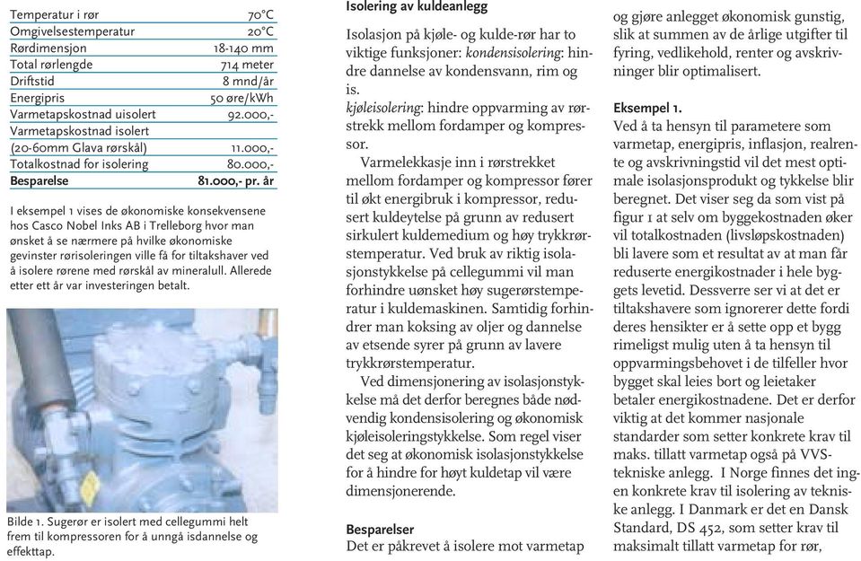 år I eksempel 1 vises de økonomiske konsekvensene hos Casco Nobel Inks AB i Trelleborg hvor man ønsket å se nærmere på hvilke økonomiske gevinster rørisoleringen ville få for tiltakshaver ved å