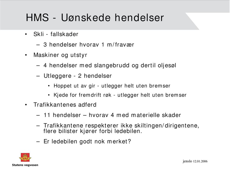 fremdrift røk - utlegger helt uten bremser Trafikkantenes adferd 11 hendelser hvorav 4 med materielle skader