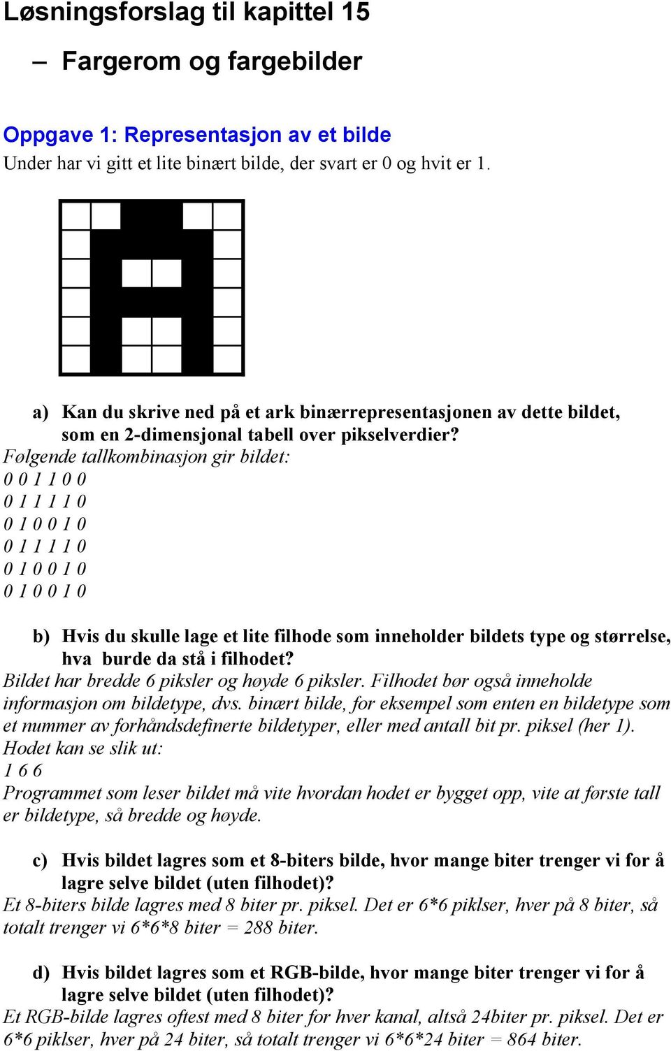 Følgende tallkombinasjon gir bildet: 0 0 1 1 0 0 0 1 1 1 1 0 0 1 0 0 1 0 0 1 1 1 1 0 0 1 0 0 1 0 0 1 0 0 1 0 b) Hvis du skulle lage et lite filhode som inneholder bildets type og størrelse, hva burde