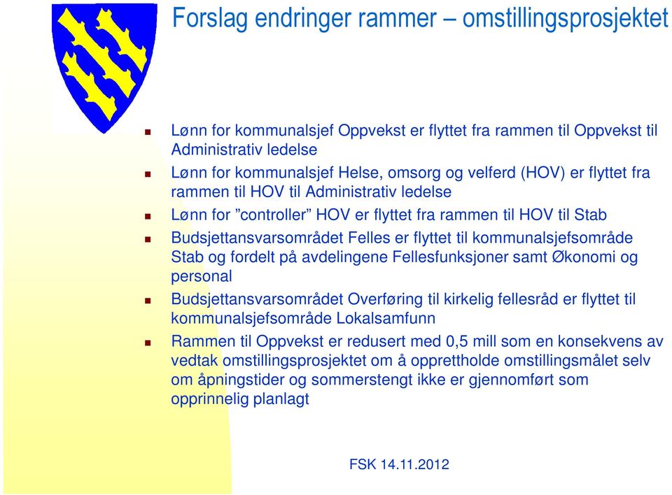 fordelt på avdelingene Fellesfunksjoner samt Økonomi og personal Budsjettansvarsområdet Overføring til kirkelig fellesråd er flyttet til kommunalsjefsområde Lokalsamfunn Rammen til Oppvekst