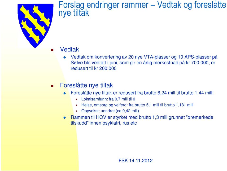 000 Foreslåtte nye tiltak Foreslåtte nye tiltak er redusert fra brutto 6,24 mill til brutto 1,44 mill: Lokalsamfunn: fra 0,7 mill til 0