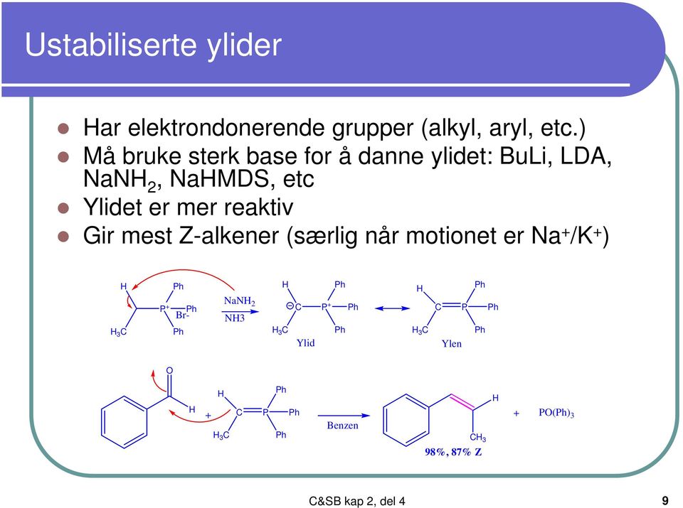 mer reaktiv Gir mest Z-alkener (særlig når motionet er Na + /K + ) 3 C P + Br-