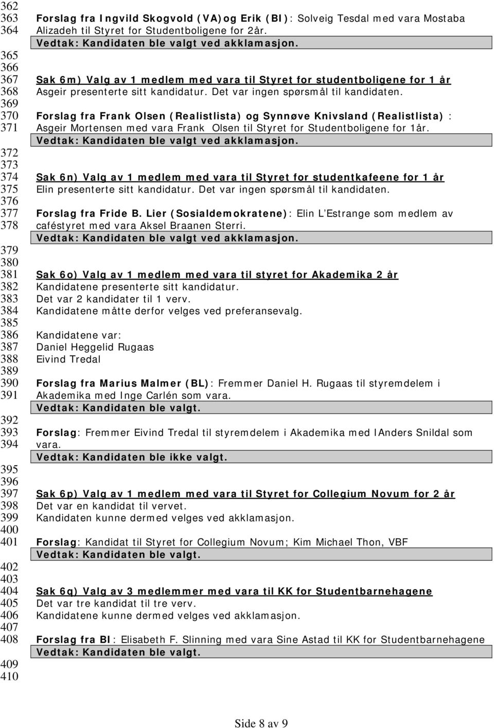 Sak 6m) Valg av 1 medlem med vara til Styret for studentboligene for 1 år Asgeir presenterte sitt kandidatur. Det var ingen spørsmål til kandidaten.