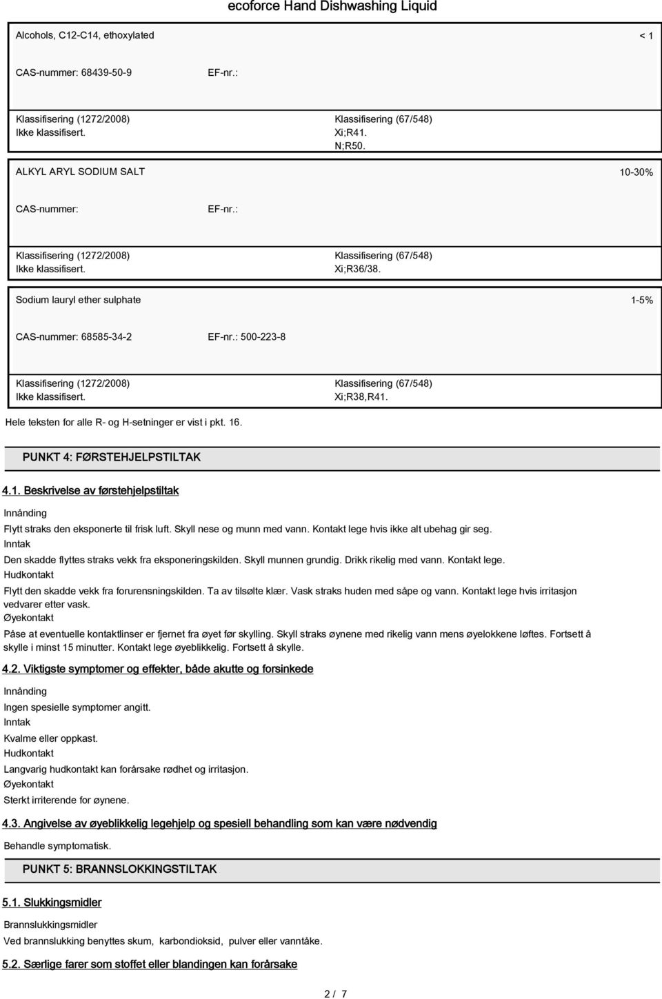 : 500-223-8 Klassifisering (1272/2008) Klassifisering (67/548) Xi;R38,R41. Hele teksten for alle R- og H-setninger er vist i pkt. 16. PUNKT 4: FØRSTEHJELPSTILTAK 4.1. Beskrivelse av førstehjelpstiltak Innånding Flytt straks den eksponerte til frisk luft.