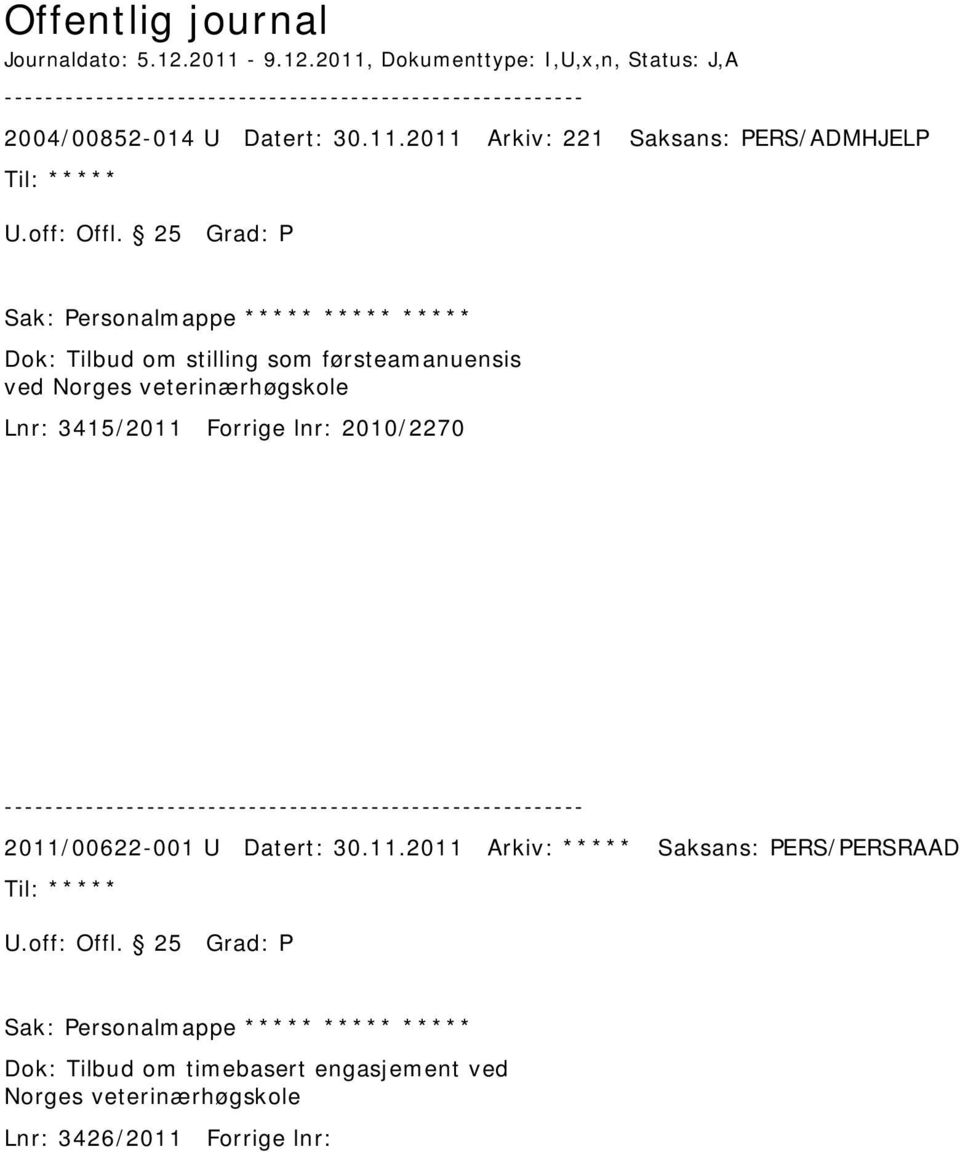 25 Grad: P Sak: Personalmappe ***** ***** ***** Dok: Tilbud om stilling som førsteamanuensis ved Norges veterinærhøgskole Lnr: 3415/2011 Forrige