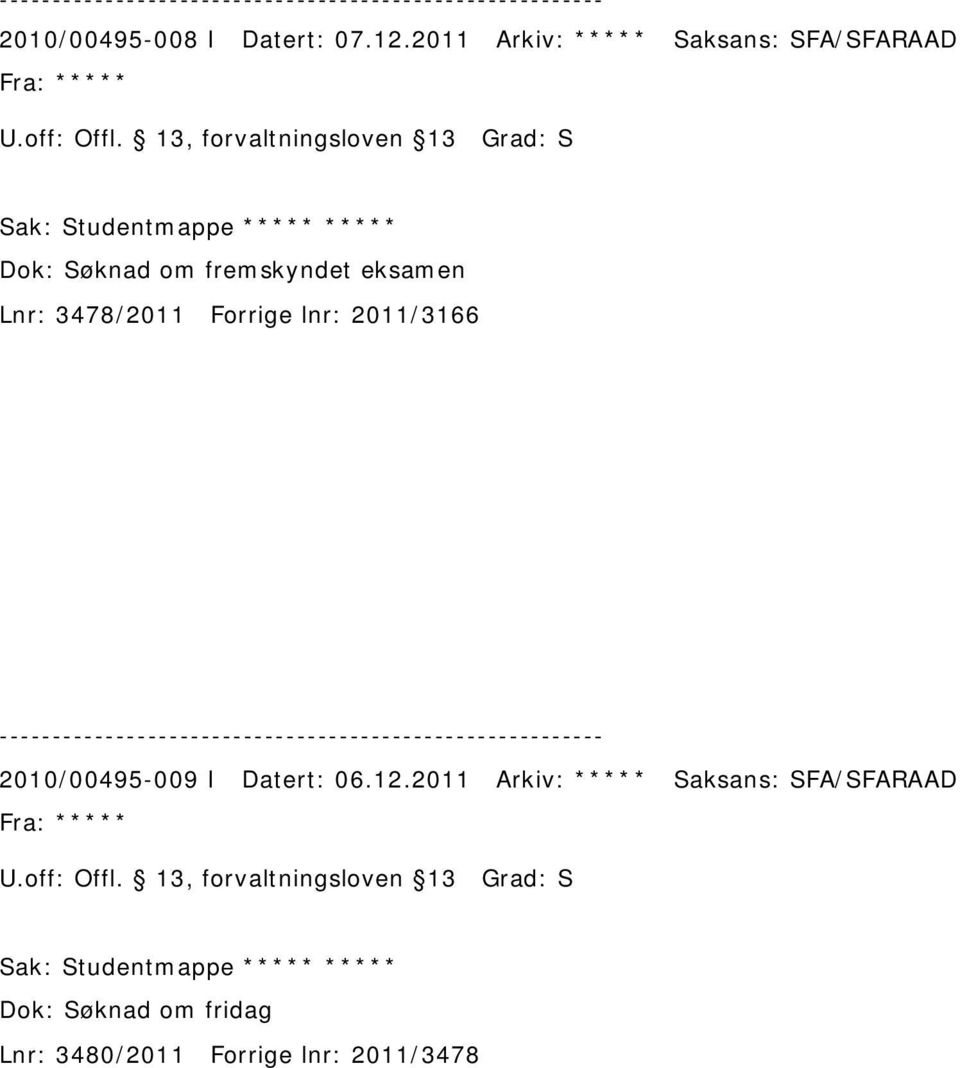 3478/2011 Forrige lnr: 2011/3166 2010/00495-009 I Datert: 06.12.