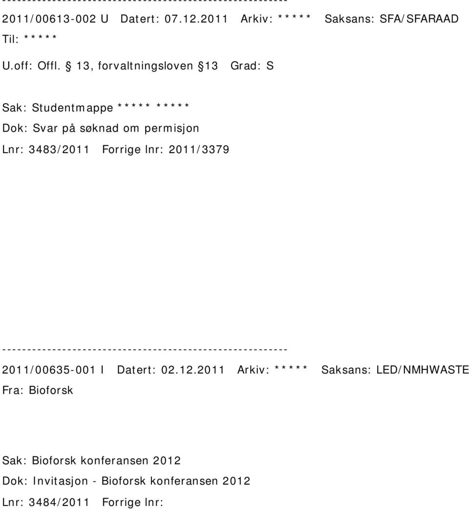 3483/2011 Forrige lnr: 2011/3379 2011/00635-001 I Datert: 02.12.