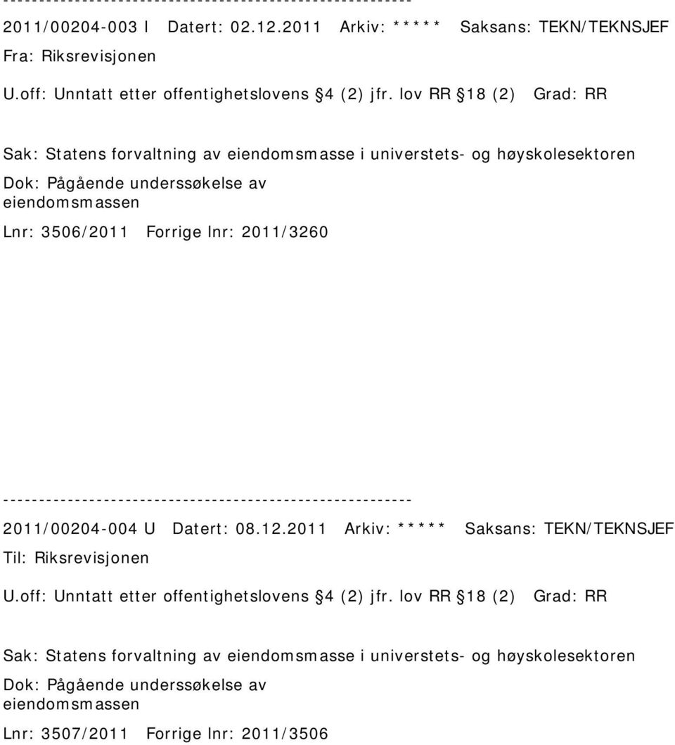 Forrige lnr: 2011/3260 2011/00204-004 U Datert: 08.12.2011 Arkiv: ***** Saksans: TEKN/TEKNSJEF Til: Riksrevisjonen U.