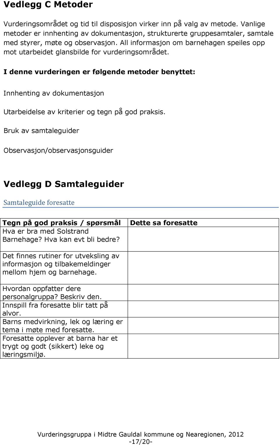 All informasjon om barnehagen speiles opp mot utarbeidet glansbilde for vurderingsområdet.