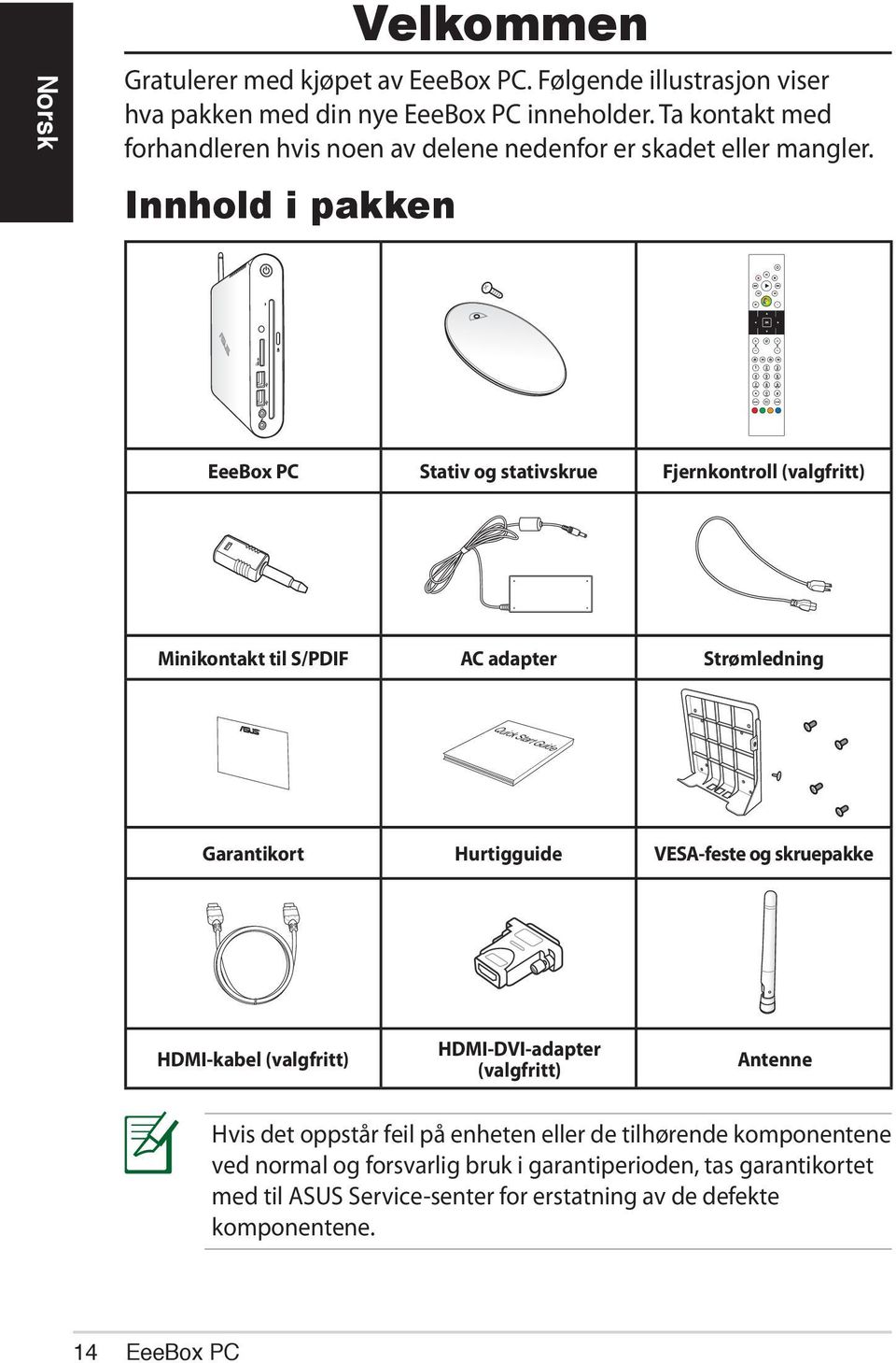 Innhold i pakken EeeBox PC Stativ og stativskrue Fjernkontroll (valgfritt) Minikontakt til S/PDIF AC adapter Strømledning Quick Start Guide Garantikort Hurtigguide