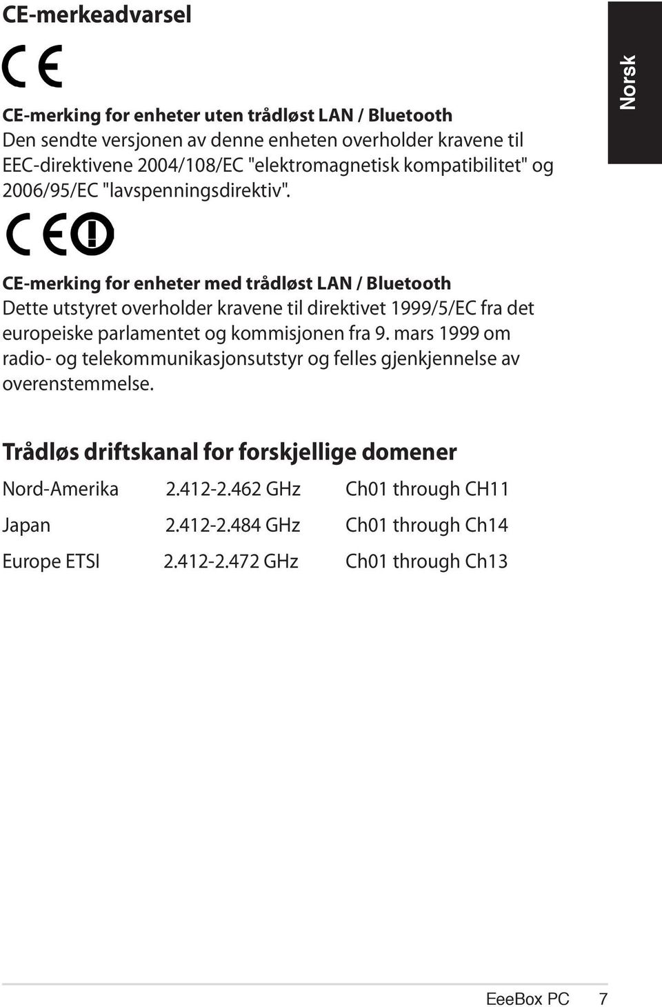 CE-merking for enheter med trådløst LAN / Bluetooth Dette utstyret overholder kravene til direktivet 1999/5/EC fra det europeiske parlamentet og kommisjonen fra 9.