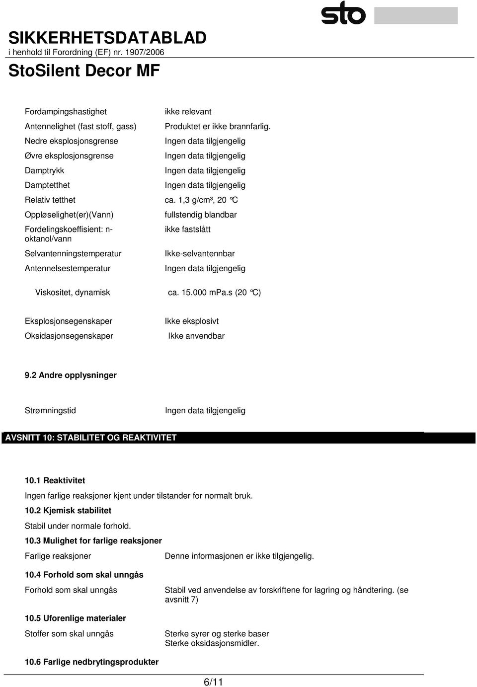 dynamisk ca. 15.000 mpa.s (20 C) Eksplosjonsegenskaper Oksidasjonsegenskaper Ikke eksplosivt Ikke anvendbar 9.2 Andre opplysninger Strømningstid AVSNITT 10: STABILITET OG REAKTIVITET 10.