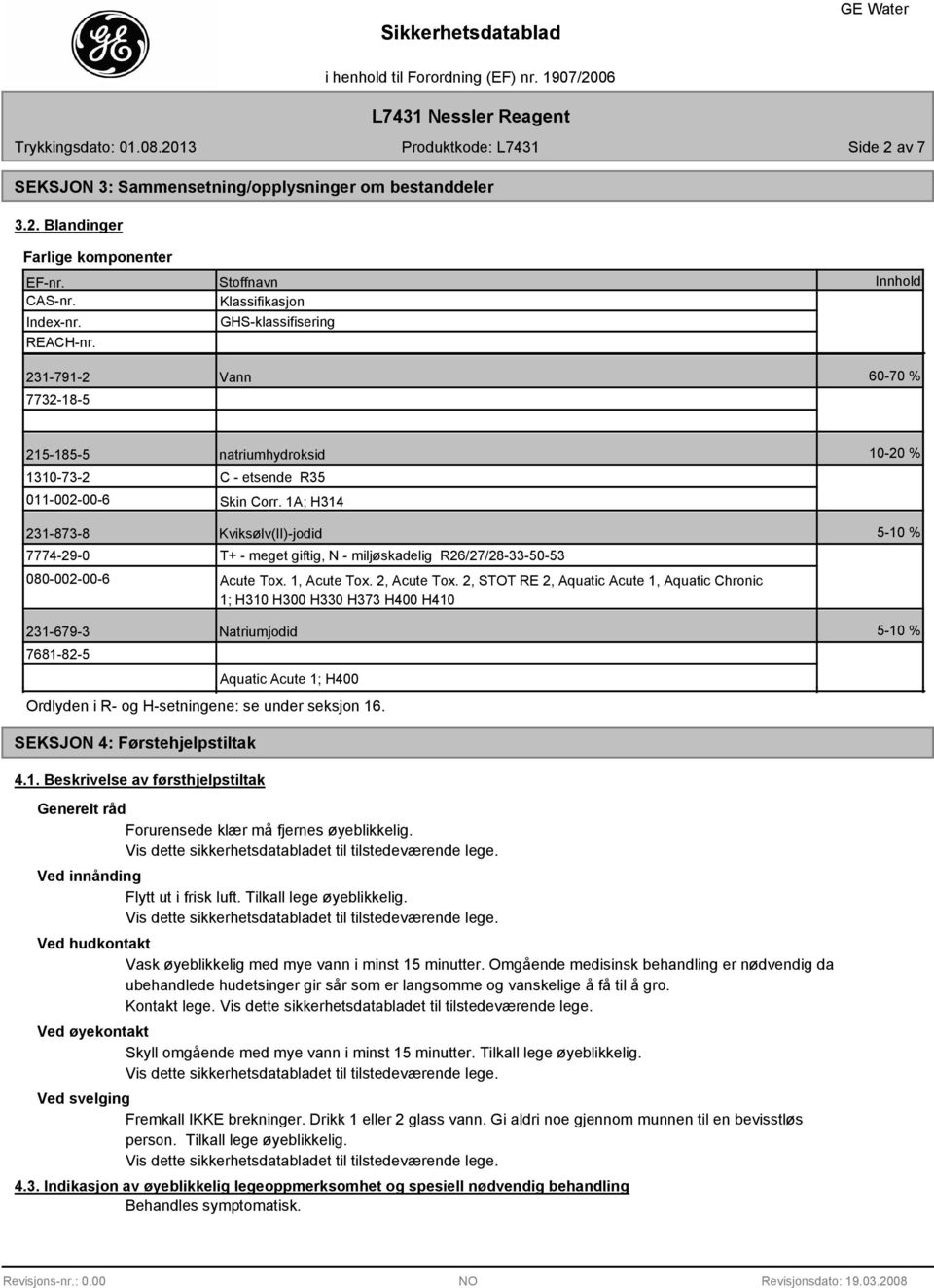 1A; H314 Kviksølv(II)-jodid T+ - meget giftig, N - miljøskadelig R26/27/28-33-50-53 Acute Tox. 1, Acute Tox. 2, Acute Tox.