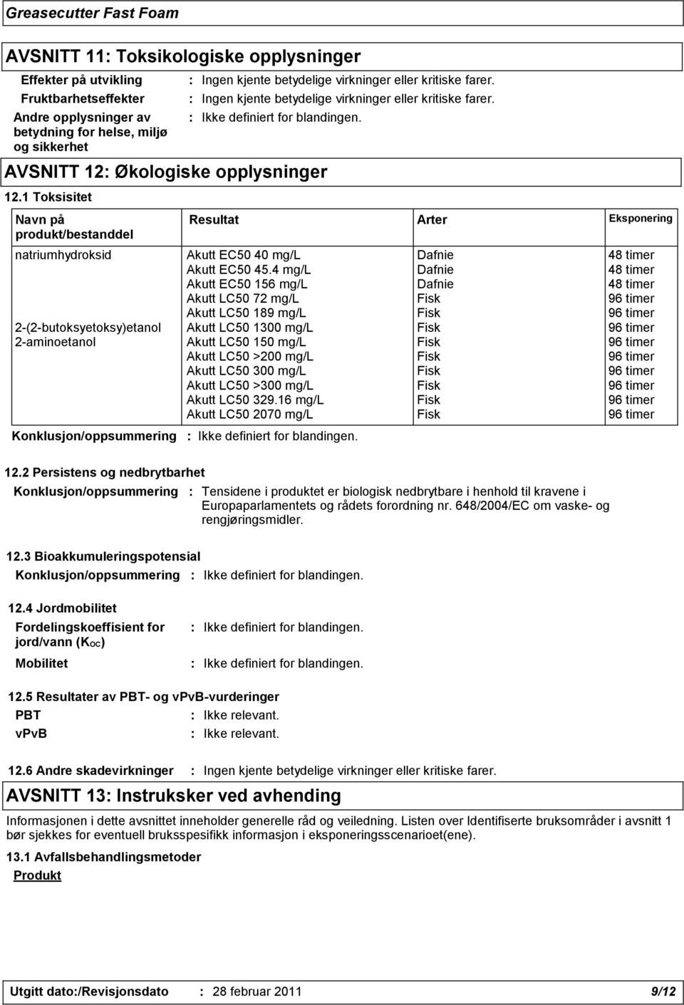 1 Toksisitet Navn på produkt/bestanddel Resultat Arter Eksponering natriumhydroksid Akutt EC50 40 mg/l Dafnie 48 timer Akutt EC50 45.