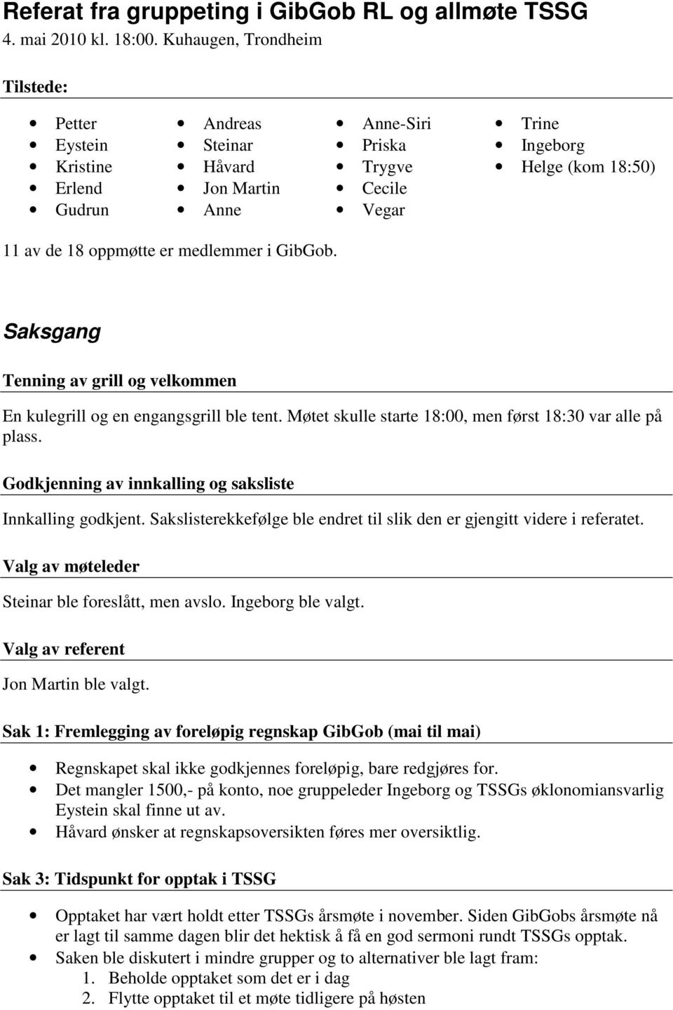 er medlemmer i GibGob. Saksgang Tenning av grill og velkommen En kulegrill og en engangsgrill ble tent. Møtet skulle starte 18:00, men først 18:30 var alle på plass.