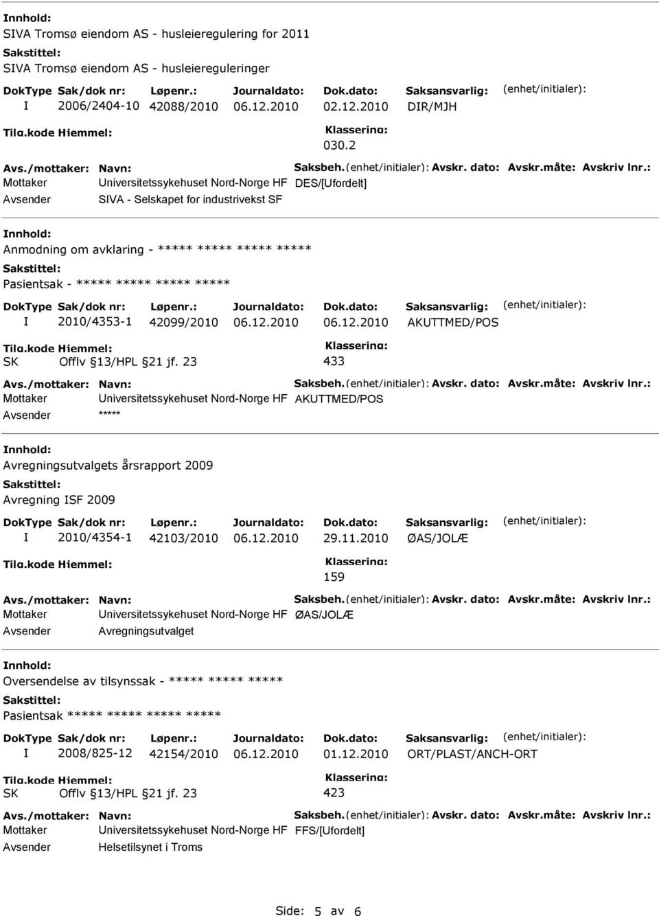 ***** 2010/4353-1 42099/2010 433 AKUTTMED/POS Mottaker Universitetssykehuset Nord-Norge HF AKUTTMED/POS Avsender ***** nnhold: Avregningsutvalgets årsrapport 2009 Avregning SF 2009 2010/4354-1