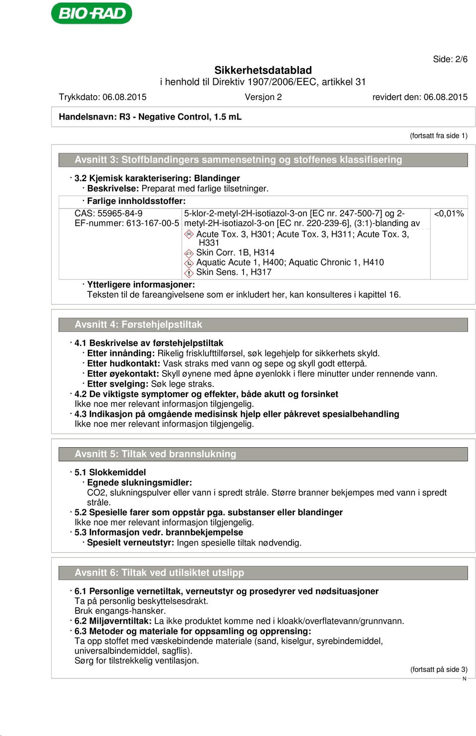 247-500-7] og 2- metyl-2h-isotiazol-3-on [EC nr. 220-239-6], (3:1)-blanding av d~ Acute Tox. 3, H301; Acute Tox. 3, H311; Acute Tox. 3, H331 d~ Skin Corr.