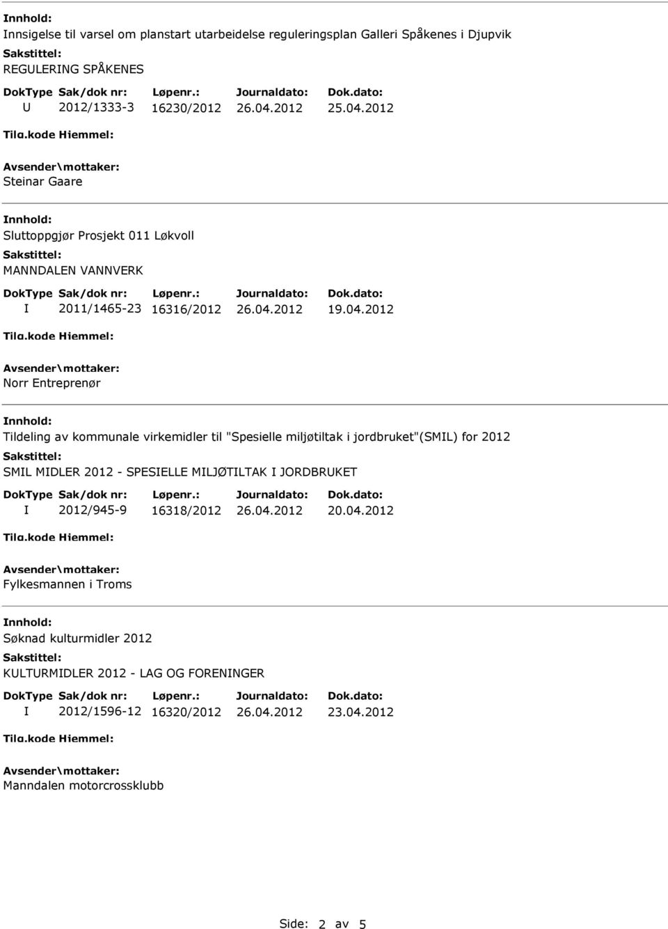 2012 Norr Entreprenør Tildeling av kommunale virkemidler til "Spesielle miljøtiltak i jordbruket"(sml) for 2012 SML MDLER 2012 - SPESELLE