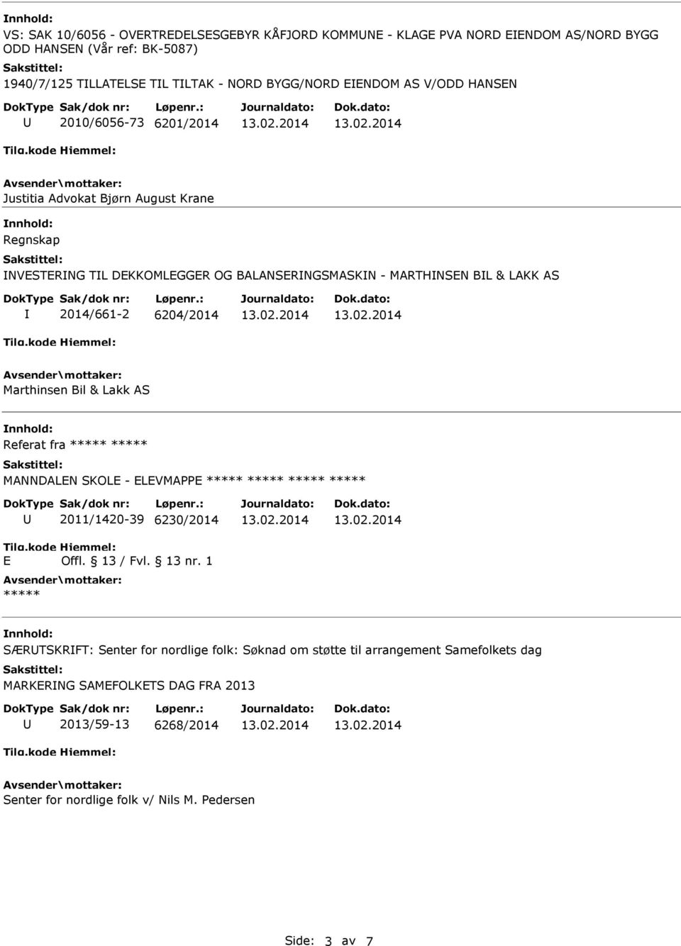 2014/661-2 6204/2014 Marthinsen Bil & Lakk AS Referat fra MANNDALEN SKOLE - ELEVMAPPE E 2011/1420-39 6230/2014 Offl. 13 / Fvl. 13 nr.