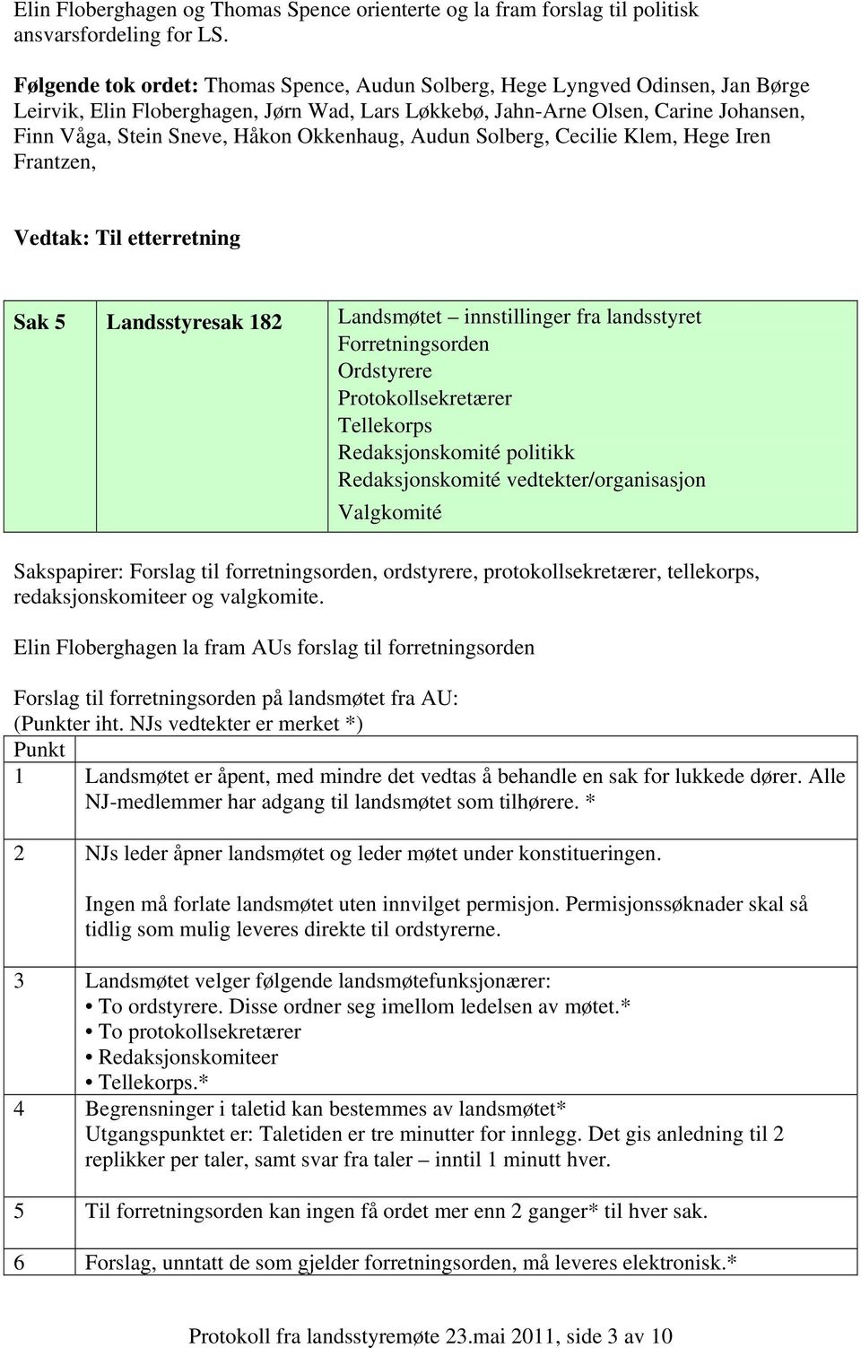 Okkenhaug, Audun Solberg, Cecilie Klem, Hege Iren Frantzen, Vedtak: Til etterretning Sak 5 Landsstyresak 182 Landsmøtet innstillinger fra landsstyret Forretningsorden Ordstyrere Protokollsekretærer