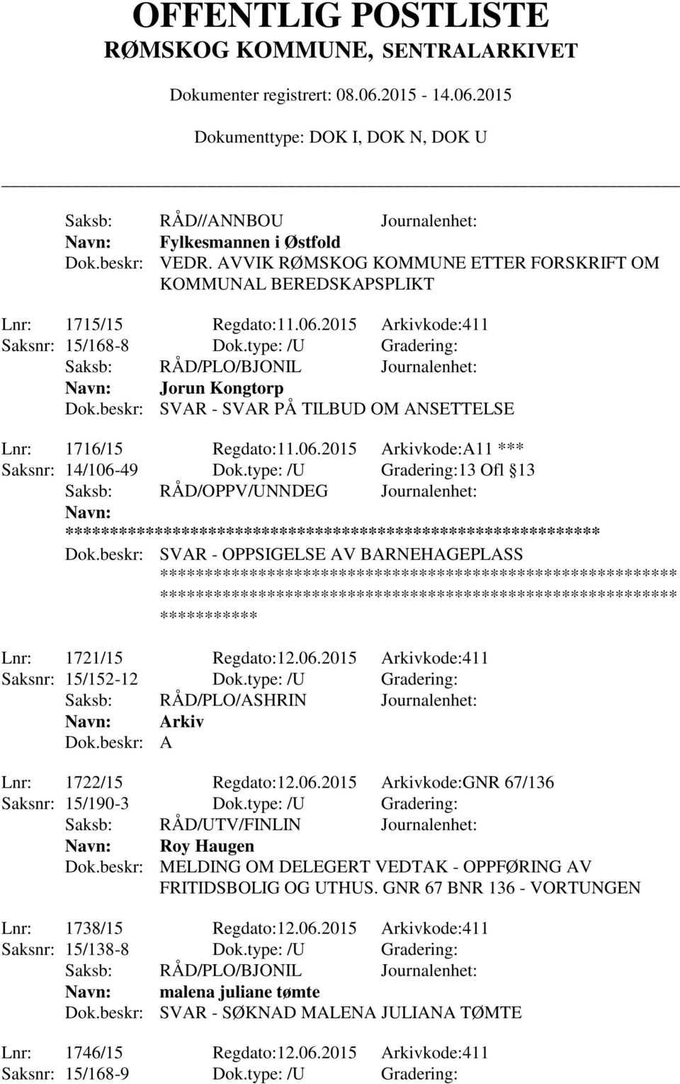 2015 Arkivkode:A11 *** Saksnr: 14/106-49 Dok.type: /U Gradering:13 Ofl 13 Saksb: RÅD/OPPV/UNNDEG Journalenhet: ** Dok.beskr: SVAR - OPPSIGELSE AV BARNEHAGEPLASS Lnr: 1721/15 Regdato:12.06.2015 Arkivkode:411 Saksnr: 15/152-12 Dok.