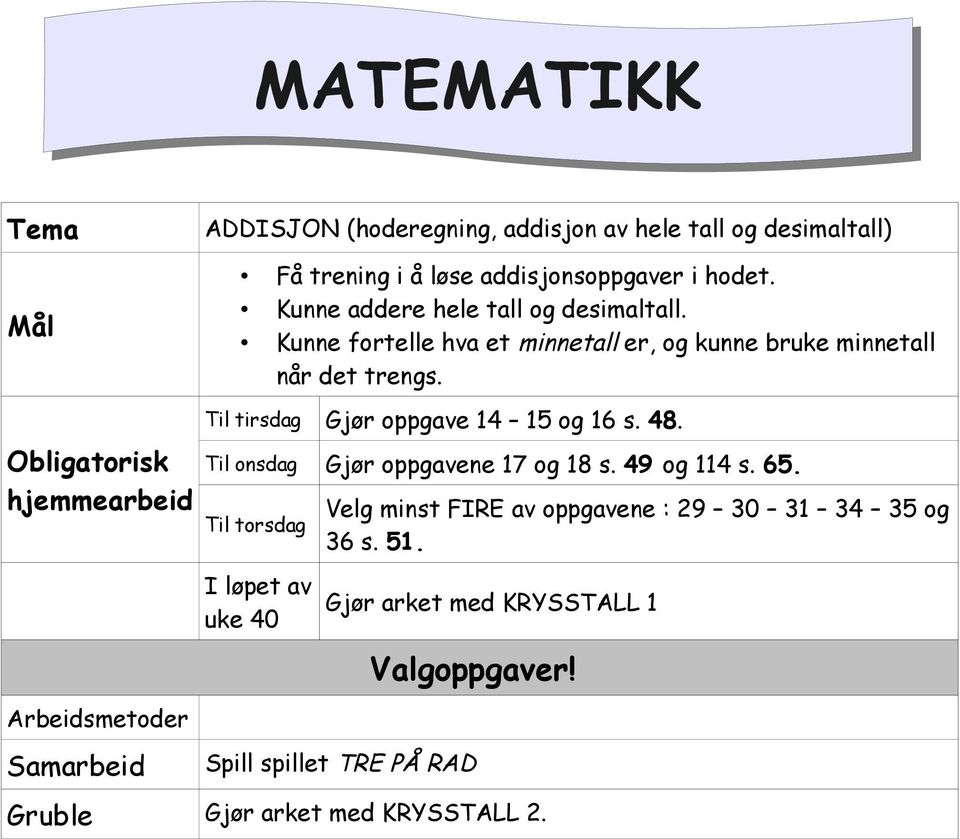 Obligatorisk hjemmearbeid Arbeidsmetoder Samarbeid Til tirsdag Gjør oppgave 14 15 og 16 s. 48. Til onsdag Gjør oppgavene 17 og 18 s.