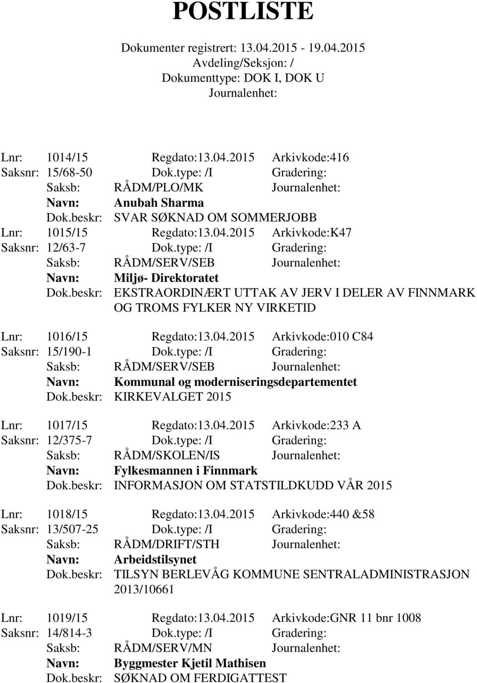 2015 Arkivkode:010 C84 Saksnr: 15/190-1 Dok.type: /I Gradering: Navn: Kommunal og moderniseringsdepartementet Dok.beskr: KIRKEVALGET 2015 Lnr: 1017/15 Regdato:13.04.