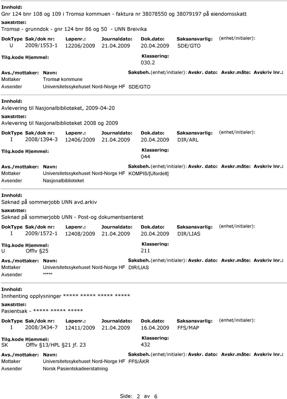 : Mottaker Tromsø kommune niversitetssykehuset Nord-Norge HF Avlevering til Nasjonalbiblioteket, 2009-04-20 Avlevering til Nasjonalbiblioteket 2008 og 2009 2008/1394-3 12406/2009 DR/ARL 044 Avs.