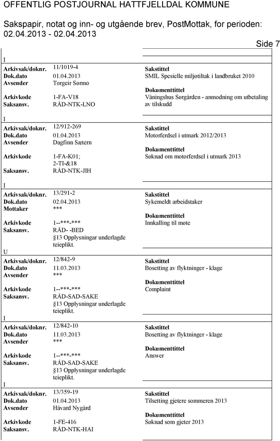 12/912-269 Sakstittel Dok.dato 01.04.2013 Motorferdsel i utmark 2012/2013 Avsender Dagfinn Sætern Arkivkode 1-FA-K01; Søknad om motorferdsel i utmark 2013 2-T-&18 Saksansv. RÅD-NTK-JH Arkivsak/doknr.