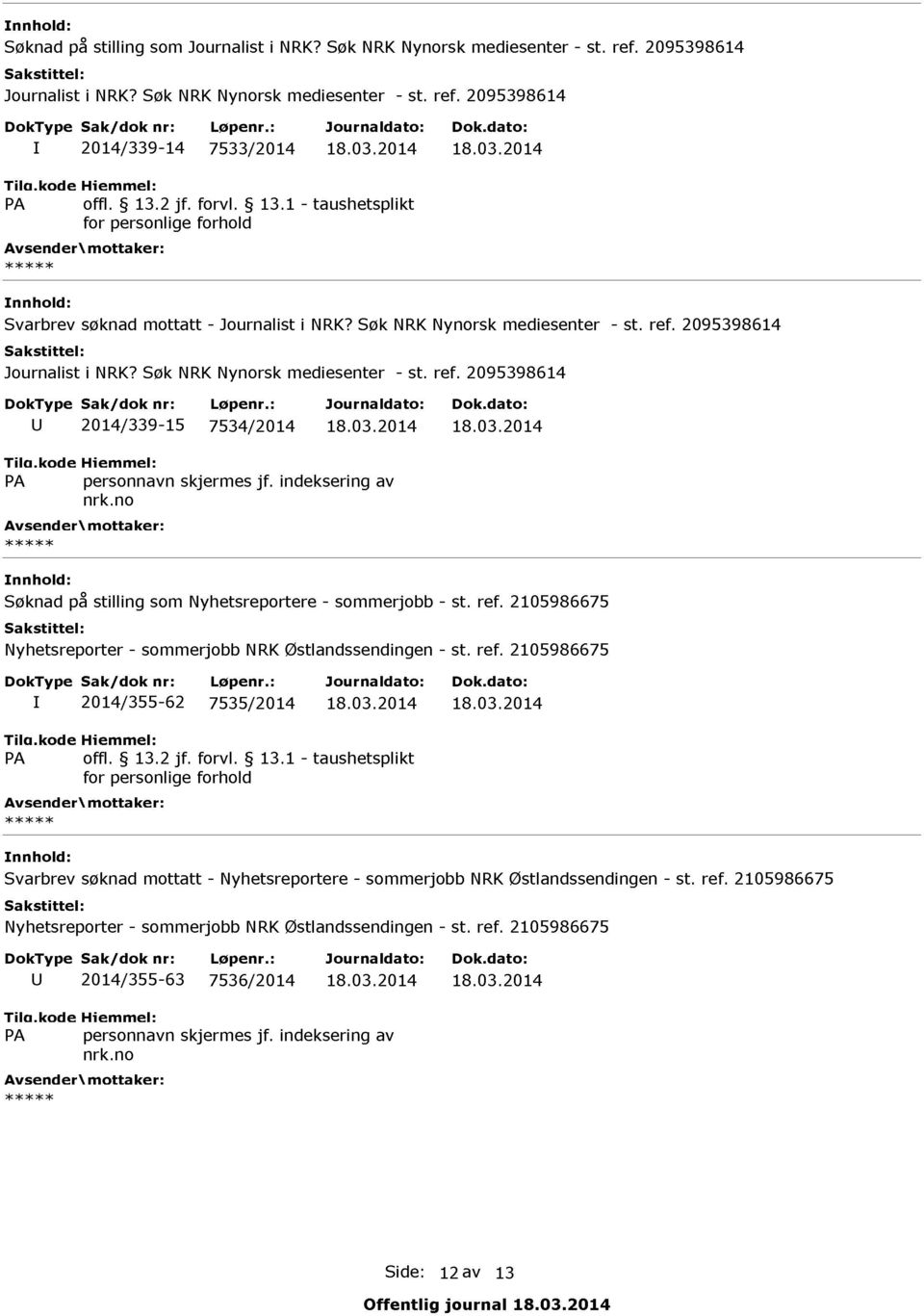 03.2014 18.03.2014 Søknad på stilling som Nyhetsreportere - sommerjobb - st. ref. 2105986675 I 2014/355-62 7535/2014 18.03.2014 18.03.2014 Svarbrev søknad mottatt - Nyhetsreportere - sommerjobb NRK Østlandssendingen - st.