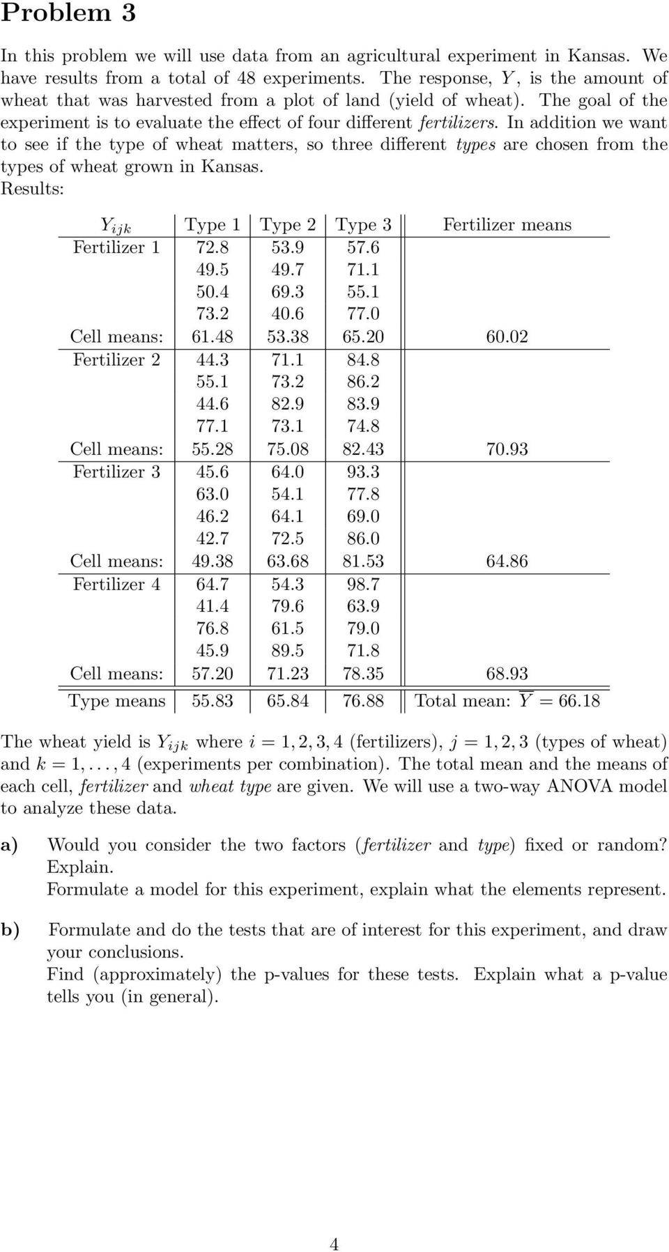 In addition we want to see if the type of wheat matters, so three different types are chosen from the types of wheat grown in Kansas. Results: Y ijk Type Type 2 Type 3 Fertilizer means Fertilizer 72.