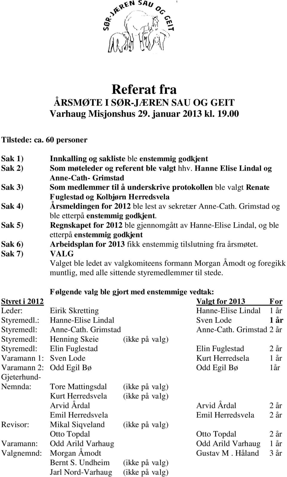 Hanne Elise Lindal og Anne-Cath- Grimstad Som medlemmer til å underskrive protokollen ble valgt Renate Fuglestad og Kolbjørn Herredsvela Årsmeldingen for 2012 ble lest av sekretær Anne-Cath.