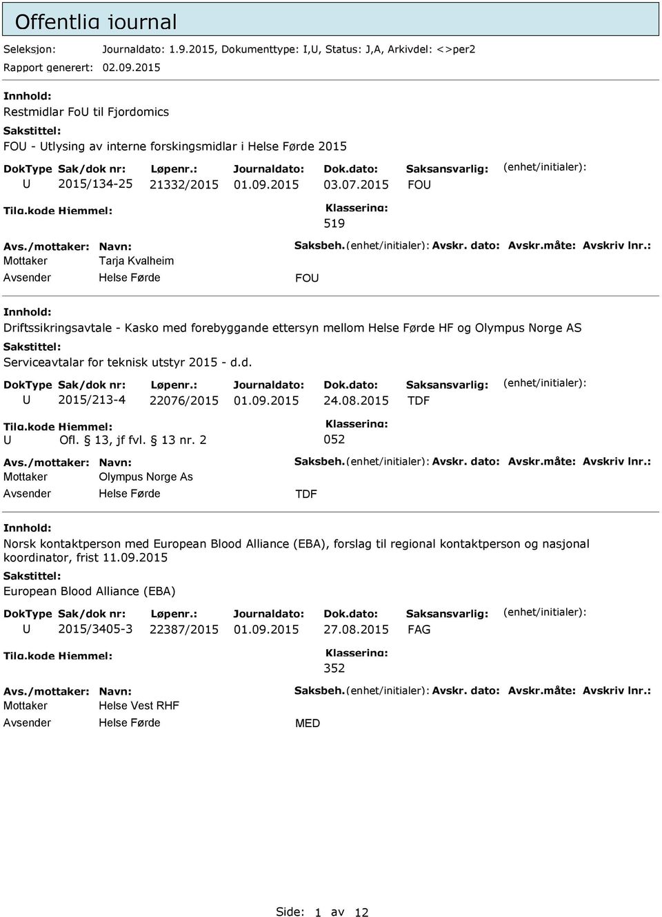 2015 FO 519 Mottaker Tarja Kvalheim FO Driftssikringsavtale - Kasko med forebyggande ettersyn mellom HF og Olympus Norge AS Serviceavtalar for teknisk utstyr 2015 - d.d. 2015/213-4 22076/2015 24.